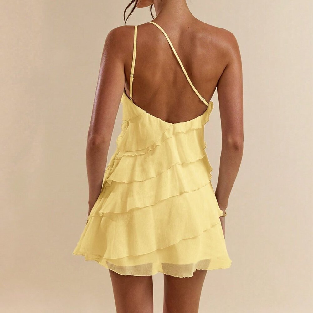 Yellow Party Women's Layered Lotus Leaf Mini Dress - Picture 2 of 7